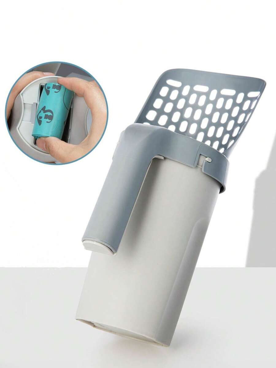 1pc Multi-function Cat Litter Shovel With Poopbag For Cat For Cleaning - Grey - View 1