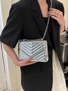 迷你簡約鏈條流蘇肩袋 - 銀色 - 查看 3