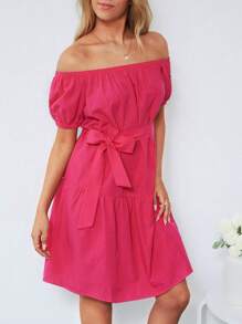 EURMUSE Off Shoulder Ruffle Hem Belted Dress - Màu Hồng Tươi - Xem 1