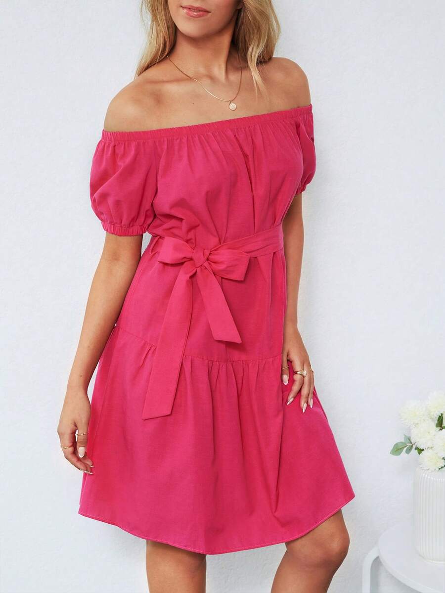 EURMUSE Off Shoulder Ruffle Hem Belted Dress - Màu Hồng Tươi - Xem 1