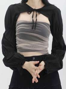 DAZY Solid Super Crop Top With Contrast Mesh Tube Top - Black - View 1