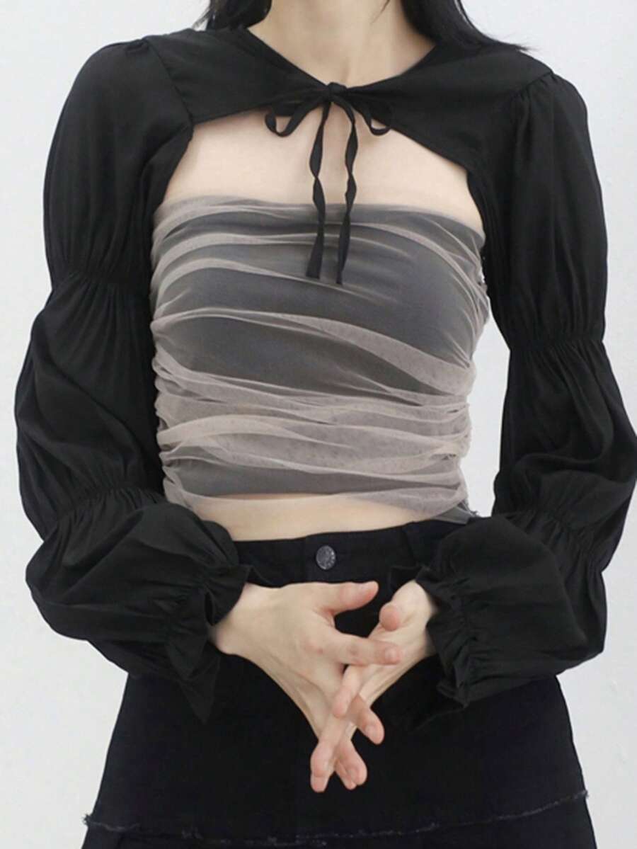 DAZY Solid Super Crop Top With Contrast Mesh Tube Top - Black - View 1