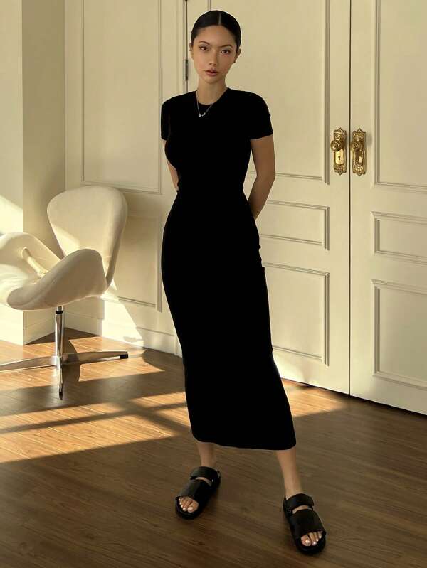 Strévra Vestido casual ajustado de un solo color con abertura lateral, vestido de mujer