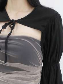 DAZY Solid Super Crop Top With Contrast Mesh Tube Top - Black - View 4