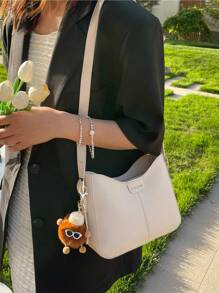 大容量女士肩袋桶袋斜跨包，附精靈掛件休閒包 - 米色 - 查看 3