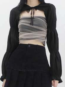 DAZY Solid Super Crop Top With Contrast Mesh Tube Top - Black - View 5