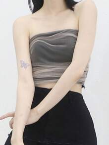 DAZY Solid Super Crop Top With Contrast Mesh Tube Top - Black - View 7