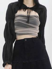 DAZY Solid Super Crop Top With Contrast Mesh Tube Top - Black - View 8