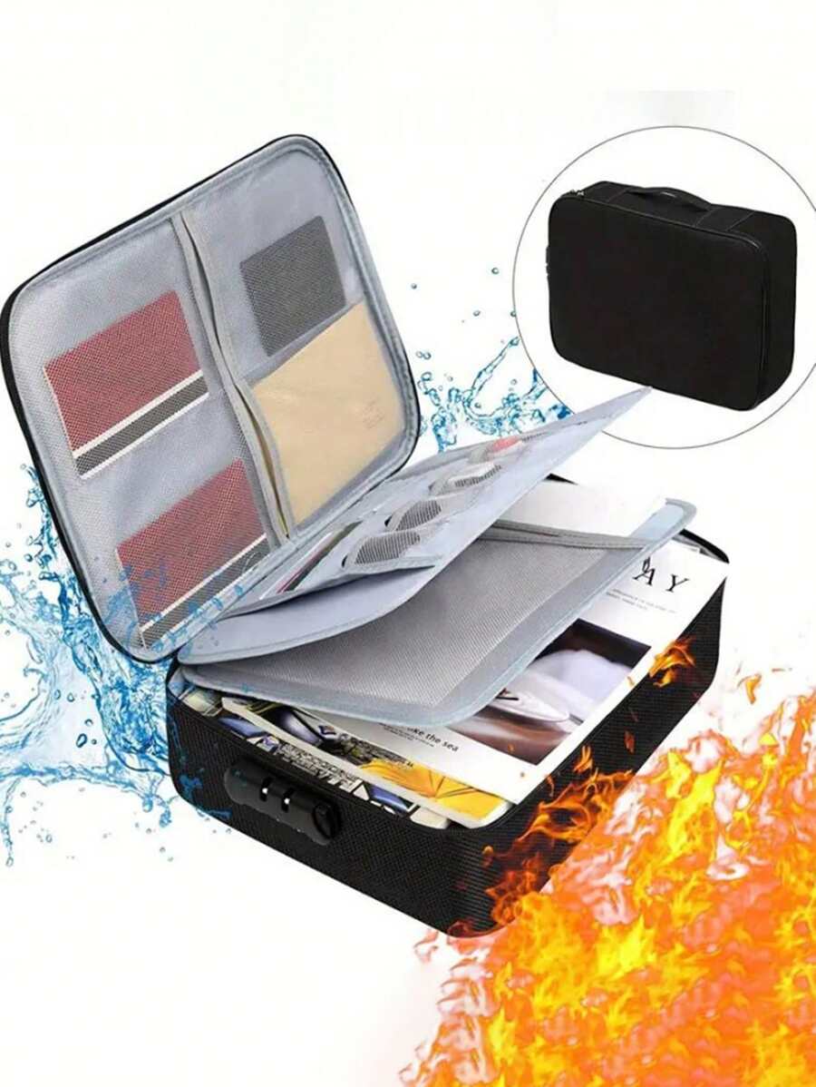 Flame Resistant File Box With Lock For Money Stationery Laptop, Travel Home File Storage Bag Portable Flame Resistant Bag Zipper Around Top Handle - Black - View 1