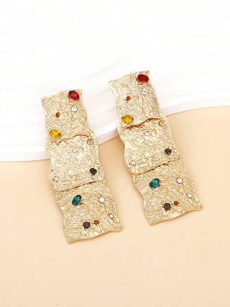 1 对复古不对称几何金属方形水钻吊坠耳环适合女士派对配饰