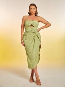 Plus Twist Front Split Thigh Tube Dress - Lime Green - View 5