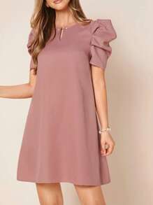 SHEIN Clasi 缺口領泡泡袖直筒洋裝 - 藕粉色 - 查看 4