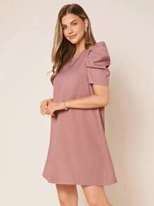 SHEIN Clasi 缺口領泡泡袖直筒洋裝 - 藕粉色 - 查看 5