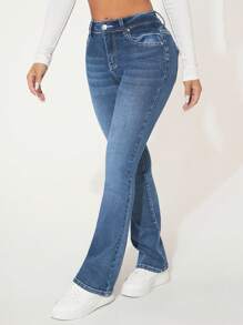SHEIN PETITE Flap Pocket Flare Leg Jeans - Medium Wash - View 5