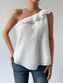 SHEIN LUNE One Shoulder Ruffle Trim Top - White - View 5