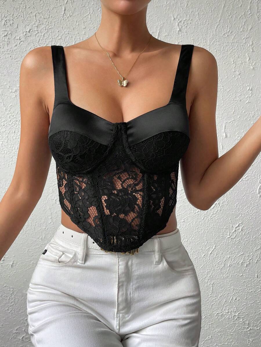 GENKIRA Contrast Lace Asymmetrical Hem Bustier Wide Strap Top - Black - View 1