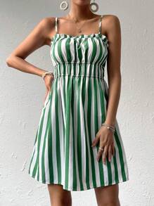 SHEIN VCAY Vestido de tirantes con estampado de rayas ribete fruncido - Multicolor - Ver 3