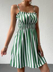 SHEIN VCAY Vestido de tirantes con estampado de rayas ribete fruncido - Multicolor - Ver 4