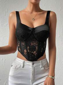 GENKIRA Contrast Lace Asymmetrical Hem Bustier Wide Strap Top - Black - View 3