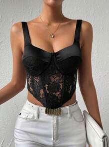 GENKIRA Contrast Lace Asymmetrical Hem Bustier Wide Strap Top - Black - View 5