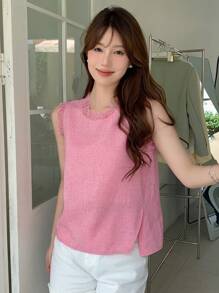 DAZY Solid Fringe Trim Slit Hem Sleeveless Blouse - Pink - View 1