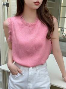 DAZY Solid Fringe Trim Slit Hem Sleeveless Blouse - Pink - View 2