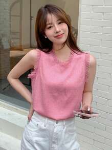 DAZY Solid Fringe Trim Slit Hem Sleeveless Blouse - Pink - View 4