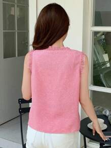 DAZY Solid Fringe Trim Slit Hem Sleeveless Blouse - Pink - View 8