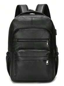 Usb Charging Backpack Men Pu Large Laptop Backpack Male Schoolbag, Schoolbag For Travel, College, School Casual Laptop Backpack Commute Lightweight Leather Vintage Vacation Sport Waterproof Portable Laptop Bag Valentine Gifts Vintage Laptop Case The Sporty Life Gift Bag Pack Hiking Bag Weekend Bag Backpacks Travel Must Haves Large Bag Spring Vintage Bags School Supplies School Backpack Fashion Men's Bags Business Travel Bags Office Bag Bags For Travel - Black - View 3