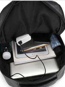 Usb Charging Backpack Men Pu Large Laptop Backpack Male Schoolbag, Schoolbag For Travel, College, School Casual Laptop Backpack Commute Lightweight Leather Vintage Vacation Sport Waterproof Portable Laptop Bag Valentine Gifts Vintage Laptop Case The Sporty Life Gift Bag Pack Hiking Bag Weekend Bag Backpacks Travel Must Haves Large Bag Spring Vintage Bags School Supplies School Backpack Fashion Men's Bags Business Travel Bags Office Bag Bags For Travel - Black - View 4