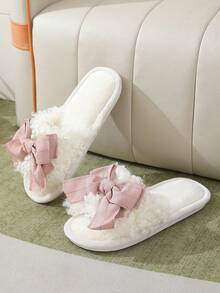 女性蝴蝶結裝飾毛茸茸家庭學院織物臥室拖鞋 - 粉色 - 查看 2