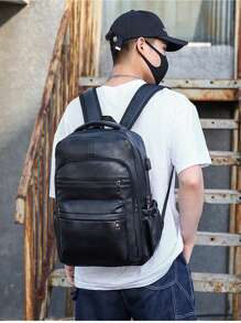 Usb Charging Backpack Men Pu Large Laptop Backpack Male Schoolbag, Schoolbag For Travel, College, School Casual Laptop Backpack Commute Lightweight Leather Vintage Vacation Sport Waterproof Portable Laptop Bag Valentine Gifts Vintage Laptop Case The Sporty Life Gift Bag Pack Hiking Bag Weekend Bag Backpacks Travel Must Haves Large Bag Spring Vintage Bags School Supplies School Backpack Fashion Men's Bags Business Travel Bags Office Bag Bags For Travel - Black - View 8