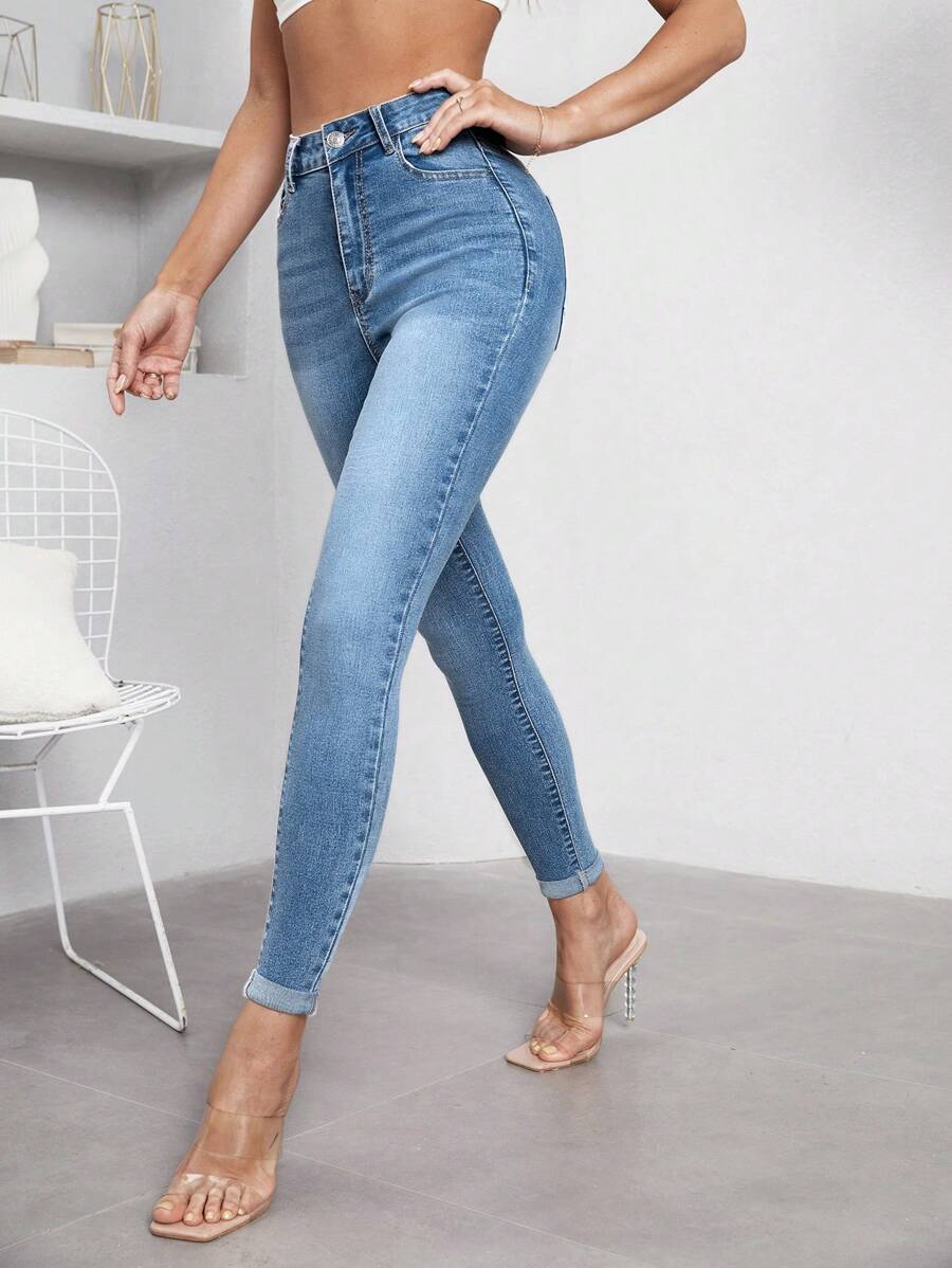 SHEIN Essnce High Waist Skinny Jeans - Light Wash - View 1