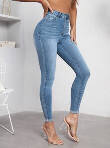 SHEIN Essnce High Waist Skinny Jeans - Light Wash - View 4