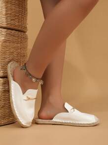 女士白色裝飾編織樂福穆勒鞋,圓頭平底鞋適用於度假 - 白色 - 查看 3