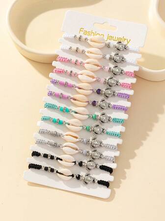 男士12入組隨機色度假風格手環帶貝殼和龜編織,適用於首飾類禮品和派對