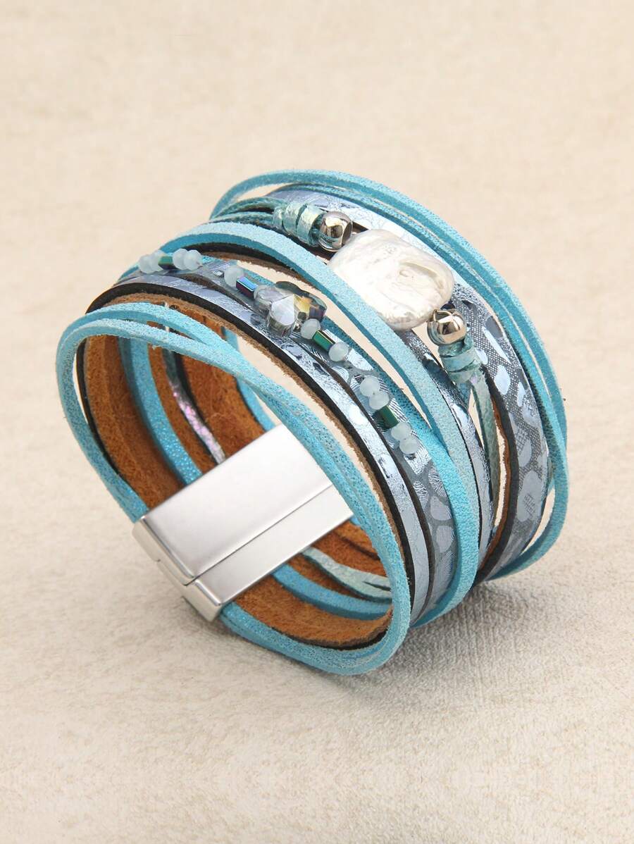 1入組時尚水晶蝴蝶設計PU手鍊，帶磁扣，適合女士約會裝 - 藍色 - 查看 1