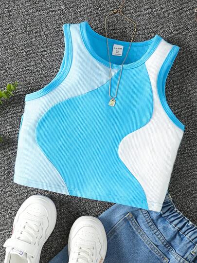 Tween Girl Colorblock Ribbed Crew Neck Casual Tank Top, Versatile & Easygoing