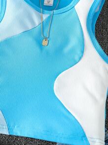 Sparklyn Girls Colourblock Ribbed Knit Tank Top - Blue - View 3