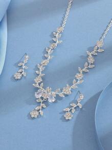 3 pièces/Set Boucles d'oreilles et Collier Design Fleur de Prunier Cubique zircone Luxe pour Femmes, Cadeau Gorgeous pour Rendez-vous, Maman, Mère, Fête des Mères - Blanc - Voir 2