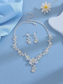 3 pièces/Set Boucles d'oreilles et Collier Design Fleur de Prunier Cubique zircone Luxe pour Femmes, Cadeau Gorgeous pour Rendez-vous, Maman, Mère, Fête des Mères - Blanc - Voir 3