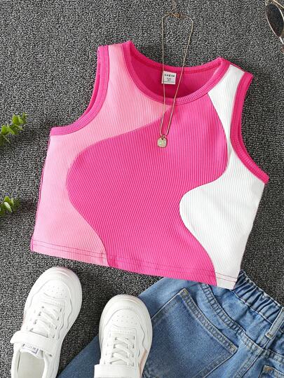 Sparklyn Tween Girl Colorblock Ribbed Crew Neck Casual Versatile Tank Top