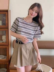 DAZY 條紋圓領斜紋布t恤 - 黑與白 - 查看 4