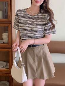 DAZY 條紋圓領斜紋布t恤 - 黑與白 - 查看 6