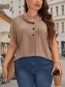 SHEIN LUNE Plus Half Button Batwing Sleeve Drawstring Hooded Tee - Brown - View 1