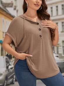 SHEIN LUNE Plus Half Button Batwing Sleeve Drawstring Hooded Tee - Brown - View 4