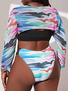 SHEIN Swim Curve Plus Size Graphic Print Ring Linked Bikini Set With Cover Up Summer Beach - Multicolor - View 3