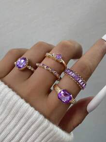 5入組晶淚滴寶石戒指套裝 - 紫色 - 查看 1