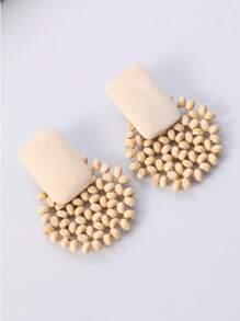 1對簡約圓形卡其色木珠編織耳環，散發自然氣息，適合春夏海島、森林、野外度假和送禮 - 卡其色 - 查看 4