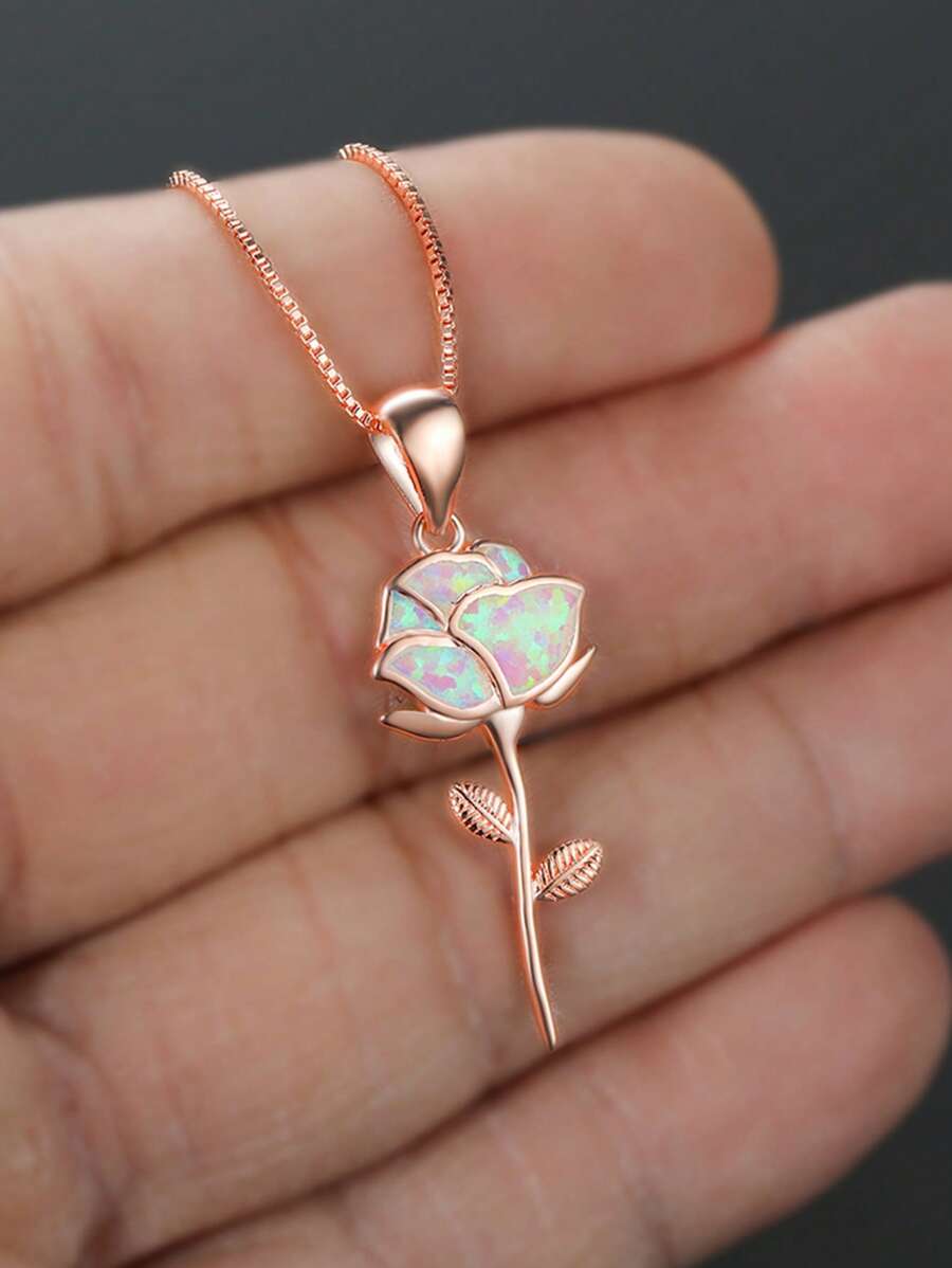 1 Đơn Giản Vi Khảm Opal Mặt Dây Chuyền Vòng Cổ, Hoa Hồng Thiết Kế, phụ Nữ Trang Sức Thời Trang Cho Bạn Gái - Hoa hồng vàng - Xem 1